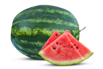 Several triangular slices of ripe watermelon in front of a large watermelon. Isolation on a transparent background.