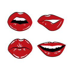 Red lips sticker patch. Expression makeup with sexy kisses and smile for colorful pop design and open vector beauty collection