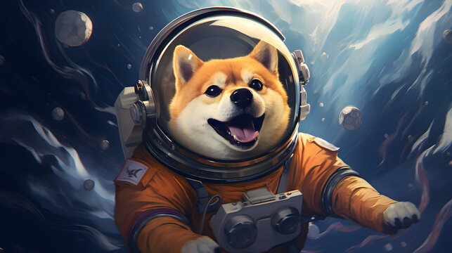 Shiba Inu in space, astronaut, moon, SHIB Dogecoin Doge, AI generated	
