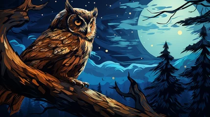 Wandcirkels aluminium owl at night © Nica