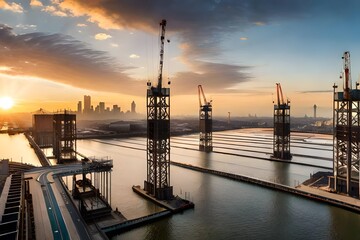 A Beautiful Footage of a Big Construction Site with Several Working Cranes, with Cloudy Sky at Sunset