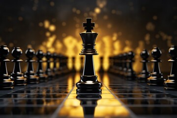 Black king winner surrounded with black gold chess pieces on chess board game competition. concept strategy, leadership and success business, Generative Ai