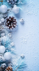 Christmas decor background with pine cones and snow.