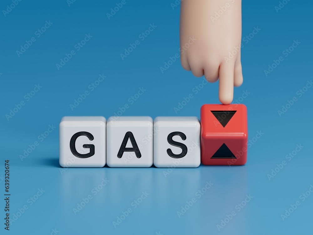 Poster hand is turning a dice and changes the direction of an arrow symbolizing that the price for gas is c