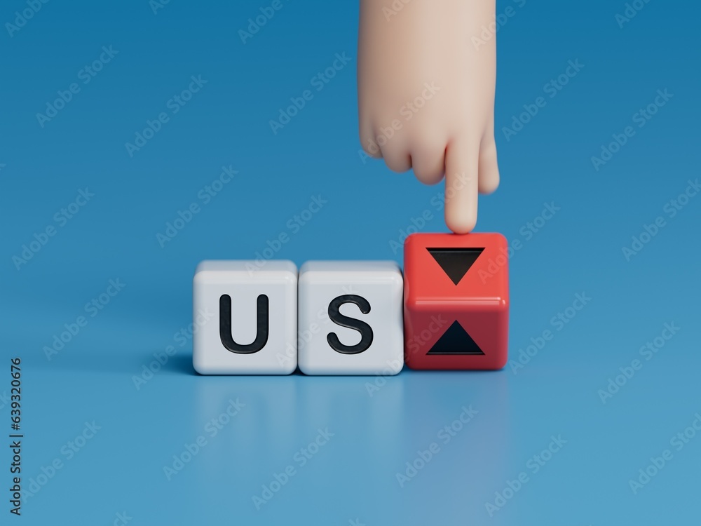 Poster hand is turning a dice and changes the direction of an arrow symbolizing that us economy is changing