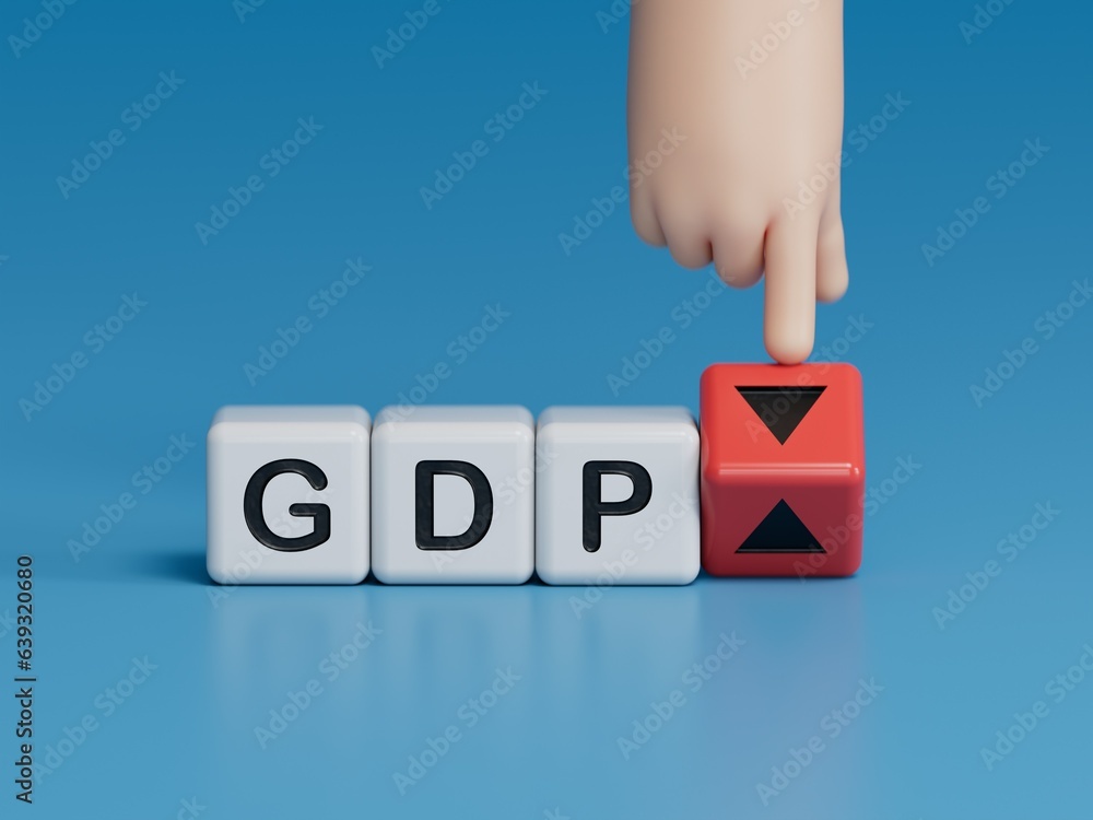 Poster hand is turning a dice and changes the direction of an arrow symbolizing that the gdp of a country i