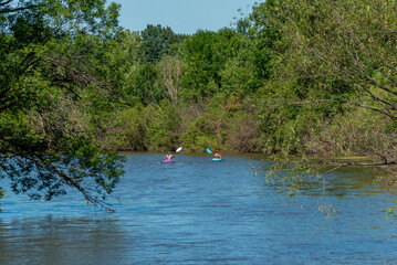 Fototapeta na wymiar Two Women Kayaking On The River In Summer In Wisconsin