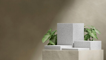 white granite material podium in landscape green wall and plant, 3d image render empty scene - obrazy, fototapety, plakaty