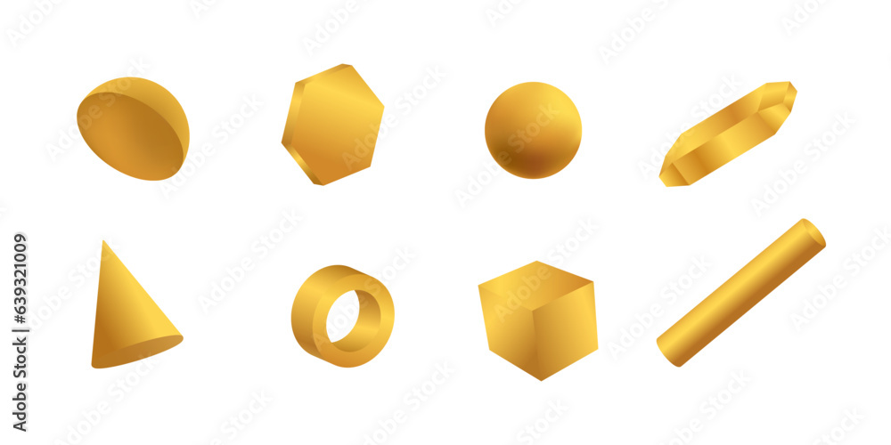 Poster golden geometric 3d shapes set. cylinders with hexagon and triangle as modern design elements with o