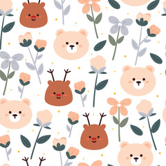 seamless pattern hand drawing cartoon bear, deer and flower. for kids wallpaper, textile, fabric print, gift wrapping paper