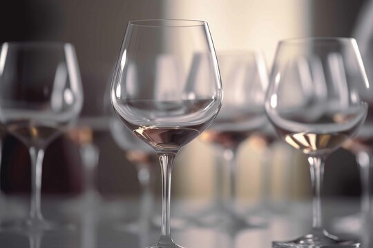 Empty transparent wine glasses on a table on light background generative AI technology