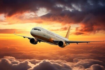 Fototapeta na wymiar Passenger plane flies above the clouds in the sunset light.