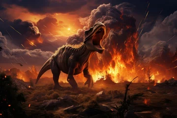 Fotobehang Dinosaurus T-rex during dinosaur extinction event, Asteroid impact jurassic era, Tyrannosaurus rex extinction