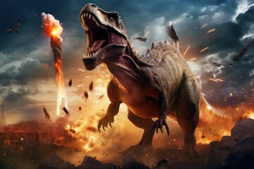 T-rex during dinosaur extinction event, Asteroid impact jurassic era, Tyrannosaurus rex extinction