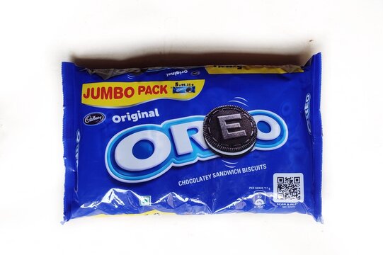Guwahati, Assam, India - August 24, 2023 - Cadbury Oreo Vanilla Flavour Cookie Sandwich Cream Biscuit Jumbo Pack