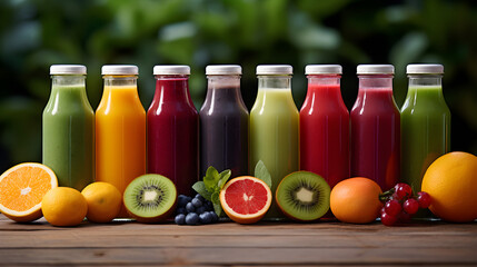 Colorful fresh juices or smoothies on a wooden desk with various ingredients around. Generative AI