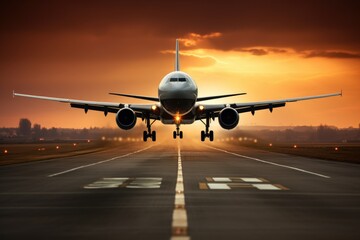 Obraz premium Airplane landing approaching the runway at sunset