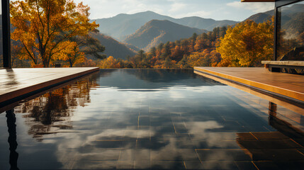 A swimming pool in the mountains.  Fall.  Autumn.  Peak leaves season.  Inspired by western North Carolina.  
