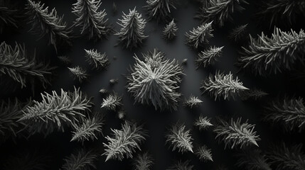 Aerial view - overhead view - drone view - white Christmas trees on black background - holiday decorations 
