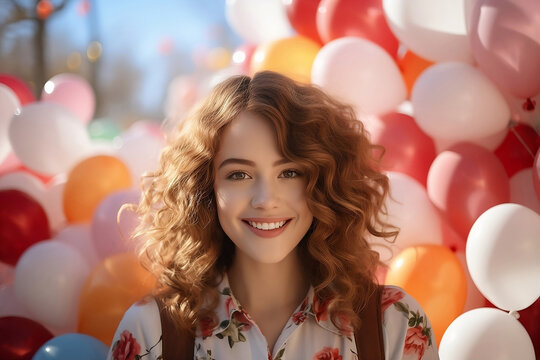 Young woman on balloons background.