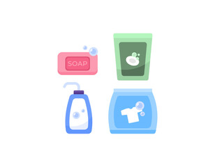 illustration of packaging for laundry detergent, hand washing soap, dish washing soap, and bar soap. cleaners and washers. a collection or set of icons or symbols. flat and minimalistic concept design