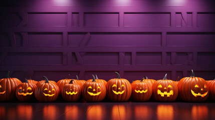Halloween pumpkins on purple wall 