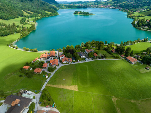 Aerial view looking over Schliersee Fischhausen, Upper Bavaria, Bavaria, Germany