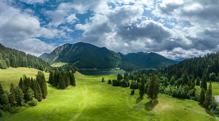 Aerial view, Spitzingsee, place Spitzingsee, Mangfall Mountains, drone recording, Upper Bavaria,...