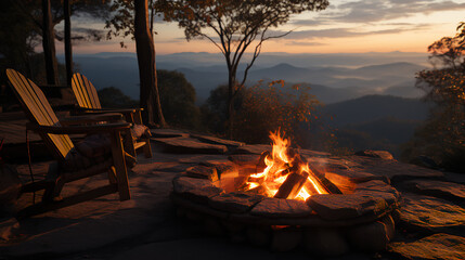 Fire pit on top of mountain - fall - autumn - peak leaves season - chilly - cool - beautiful gorgeous view - sunset  - obrazy, fototapety, plakaty