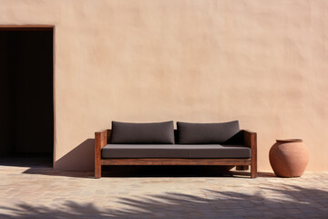 Outdoors sofa in front of a terracotta colored wall. Outdoors furniture composition.