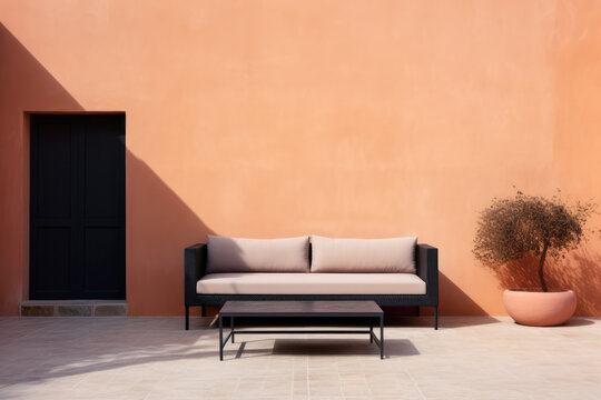Outdoors sofa in front of a terracotta colored wall. Outdoors furniture composition.
