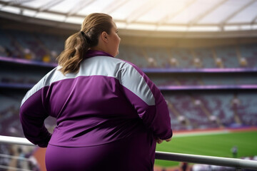 Overweight woman goes in for sports at a stadium. girl in fitness clothes. view from the back. take care of your health