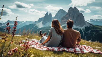 A young couple in love have a picnic while visiting the mountains. A guy and a girl are sitting and looking at a beautiful picturesque green meadow. - obrazy, fototapety, plakaty