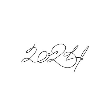 Calligraphy 2024 year sign lettering. 2024 inscription, two thousand twenty four continuous line drawing, calendar design postcard banner, single line on white background, vector line art.