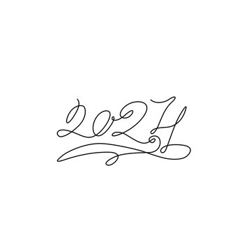 2024 inscription, calendar design postcard banner, two thousand twenty four continuous line drawing, calligraphy 2024 year sign lettering, single line on white background, vector line art.