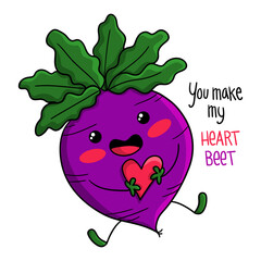 Illustration of a cute beet holding a heart with a phrase, t-shirt design