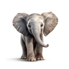 Zelfklevend Fotobehang Portrait of a baby elephant isolated on a white background, highlighting its adorable ears and trunk, creating a pure and appealing visual effect. © InputUX