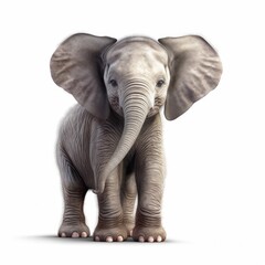 Portrait of a baby elephant isolated on a white background, highlighting its adorable ears and trunk, creating a pure and appealing visual effect. © InputUX