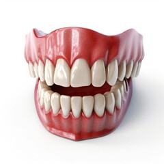 A detailed dental model displaying shiny human teeth, including molars and incisors, representing the jaw structure in a healthy human mouth.
