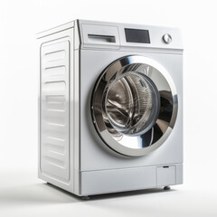 Fototapeta premium A modern front-loading washing machine in shiny stainless steel, an essential domestic appliance reflecting a sleek design and functionality for everyday laundry.