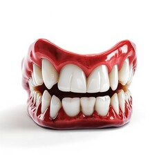A detailed dental model displaying shiny human teeth, including molars and incisors, representing the jaw structure in a healthy human mouth.