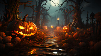 Spooky and scary Halloween pumpkin illustration - in the dark woods 