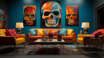 Halloween themed living room. Pop art skeleton art.  