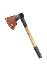 An axe and its cover on a white background with a heavy metal blade which is sharp