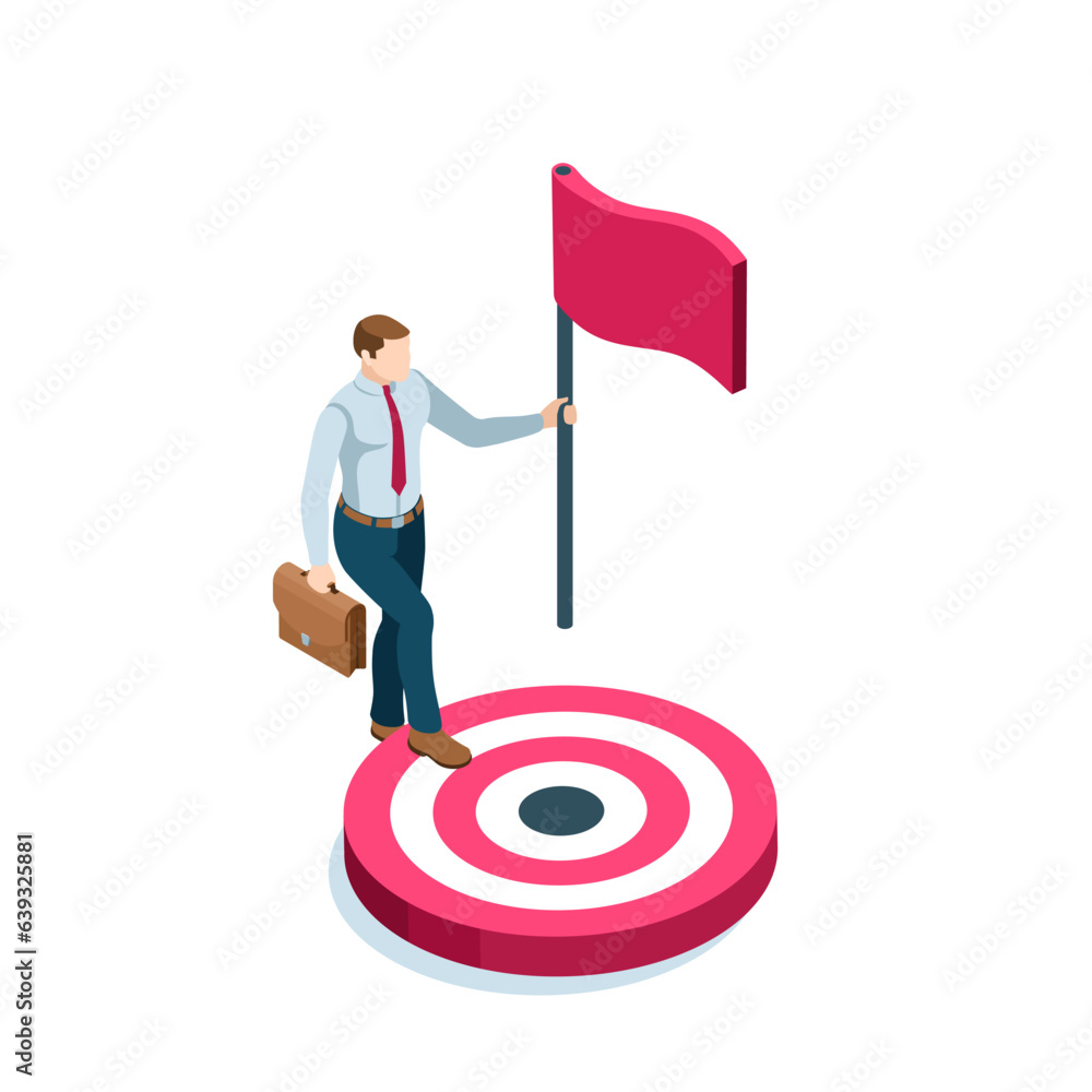 Poster isometric man with a business briefcase and a flag on a target in color on a white background, succe