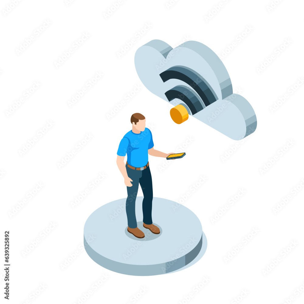 Poster isometric man with a smartphone stands under a cloud with a wireless connection icon in color on a w