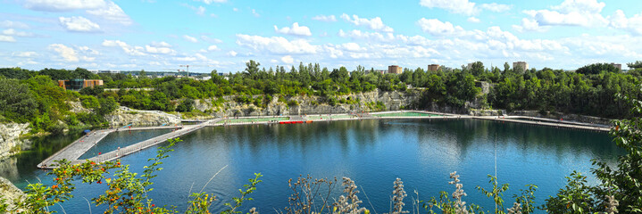 Panorama. Bathing resort in Zakrzowek in Krakow. A place of rest and recreation for Cracovians with swimming pools, piers and viewpoints. Lots of greenery.