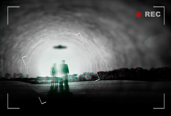 Alien, spaceship and people recording with UFO in sky in nature for fantasy, science fiction and...