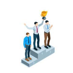 isometric men on a pedestal in color on a white background, winning a business competition or achieving success