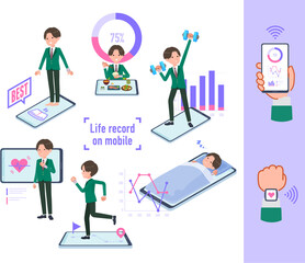 スマートフォンで行動と健康を管理しているブレザー男子学生のセット